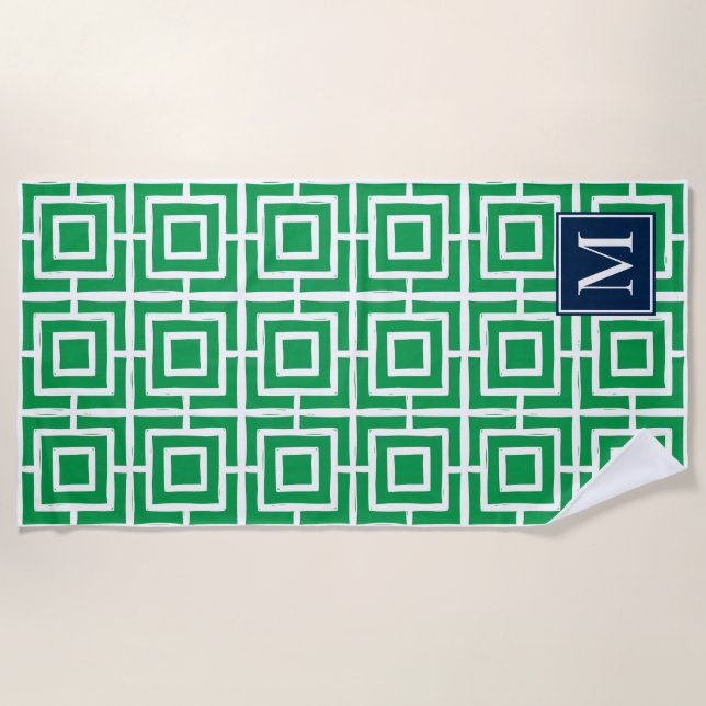 Toalla De Playa Preppy Square Lattice Monogram – Green & Navy (Anverso)
