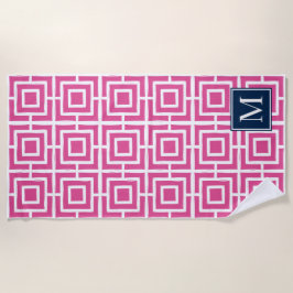 Toalla De Playa Preppy Square Lattice Monogram – Hot Pink & Navy