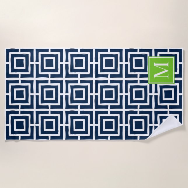 Toalla De Playa Preppy Square Lattice Monogram – Navy & Lime (Anverso)