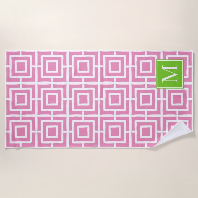 Toalla De Playa Preppy Square Lattice Monogram – Pink & Lime (Anverso)