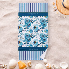 Toalla De Playa Pretty Blue Floral Striped Personalized