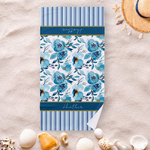 Toalla De Playa Pretty Blue Floral Striped Personalized