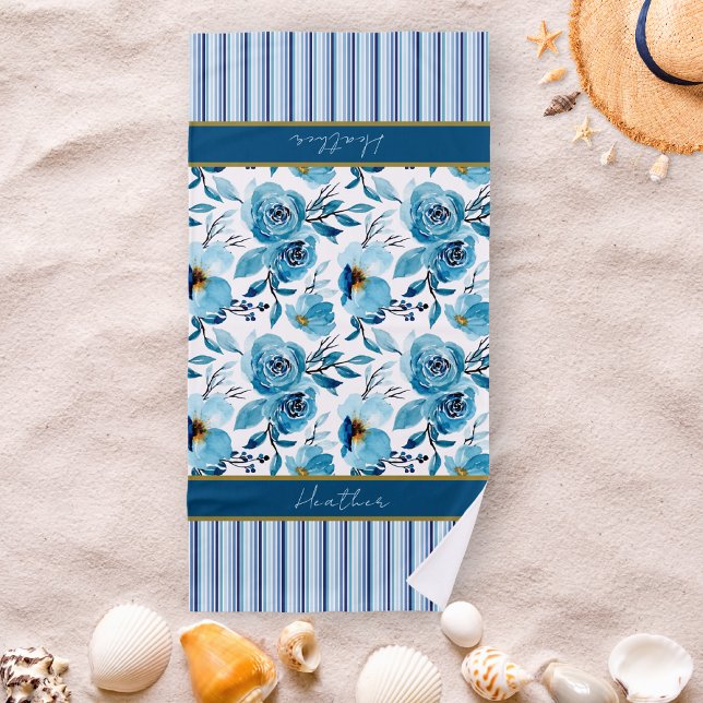 Toalla De Playa Pretty Blue Floral Striped Personalized  (Subido por el creador)