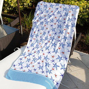 Toalla De Playa Pretty Ocean Starfish Pattern with Name Blue