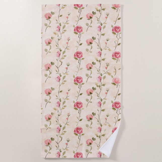 Toalla De Playa Pretty Pink Cream Roses Floral (Anverso)