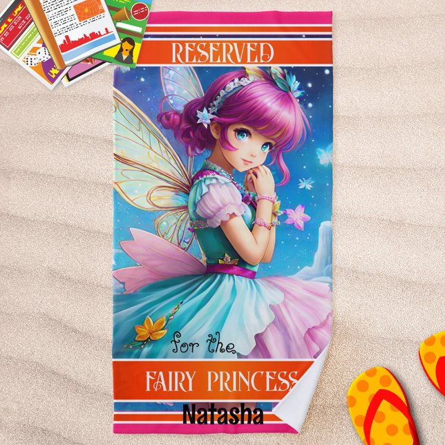 Toalla De Playa Princesa de lechuga colorida (Beach towel with a modern design with a fairy princess in bright colors with orange and pink stripes)