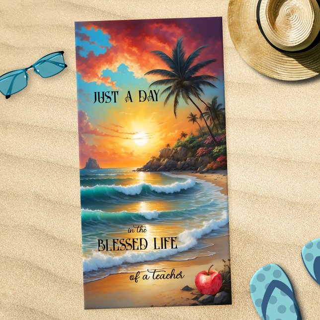 Toalla De Playa Profesora de Sunset Beach Tropical (Teacher beach towel featuring a painting of a sunset on a tropical beach with an (optional) apple)