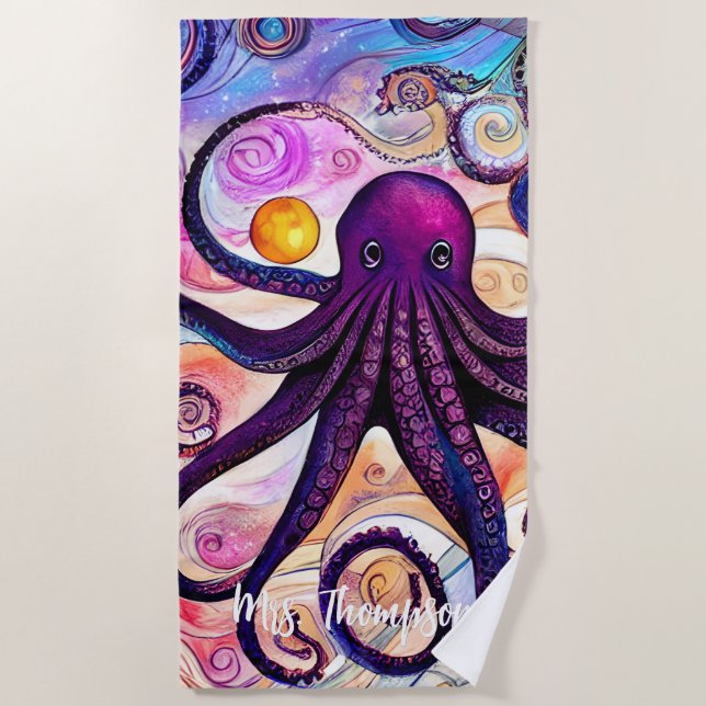 Toalla De Playa Pulpo acuarela de juguete con nombre personalizado (Anverso)