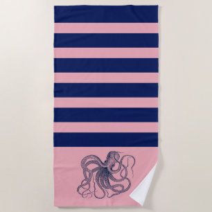 Toalla De Playa Pulpo azul con rayas rosas y azules