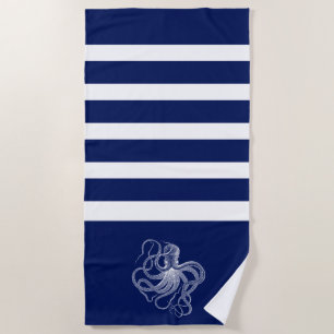 Toalla De Playa Pulpo blanco con rayas azules y blancas