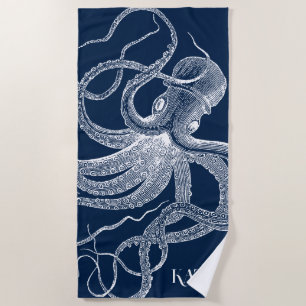 Toalla De Playa Pulpo blanco sobre fondo azul