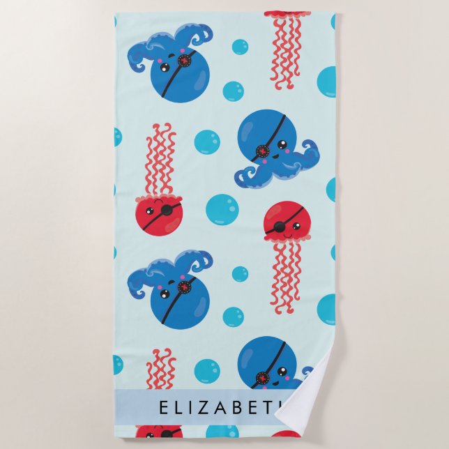 Toalla De Playa Pulpo pirata, medusa pirata, mar, tu nombre (Anverso)