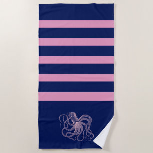 Toalla De Playa Pulpo rosa con rayas azules y rosas