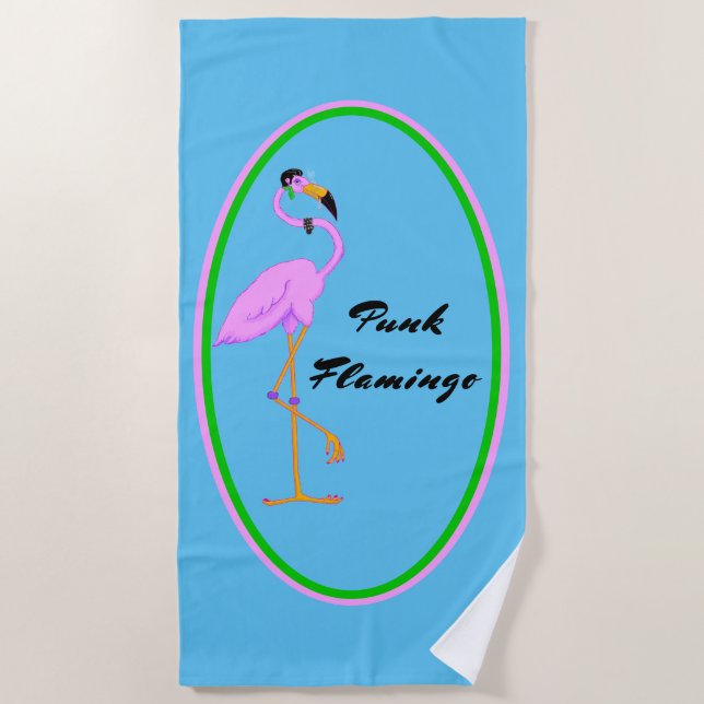 Toalla De Playa Punk gracioso Flamingo rosa en Verde azulado (Anverso)