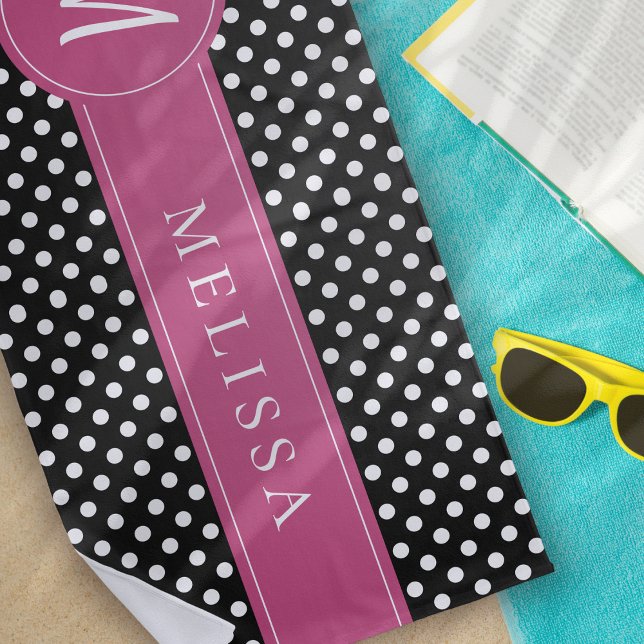 Toalla De Playa Puntos de Polka en Monograma Blanco Rosa Negro (Subido por el creador)
