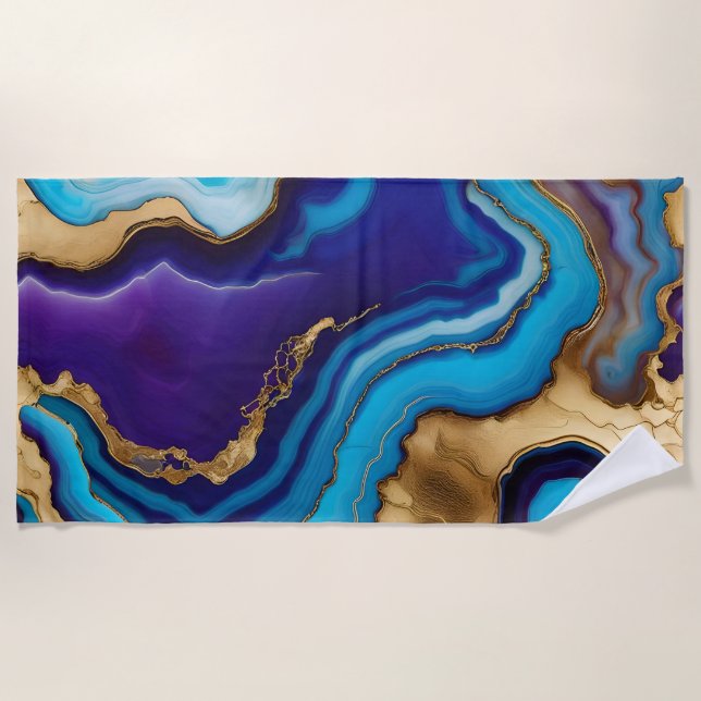 Toalla De Playa Purple Gold Blue Agate Marble Diseño moderno (Anverso)