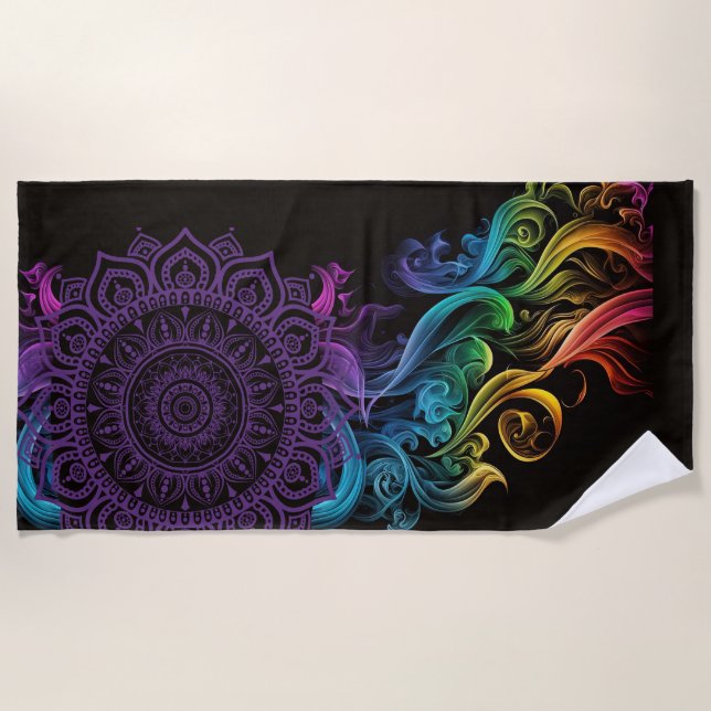Toalla De Playa Purple Mandala negrita negro colorido Chakra (Anverso)