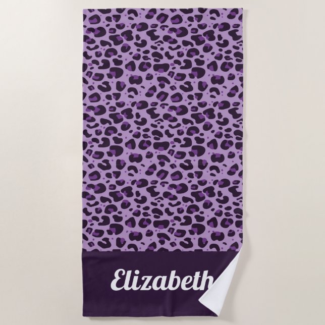 Toalla De Playa Purple trendy leopardo print con nombre (Anverso)