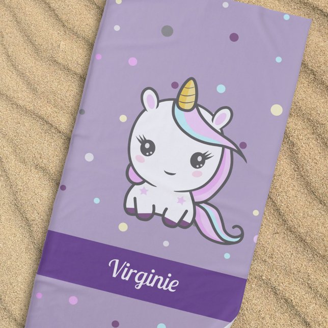 Toalla de playa púrpura Cute Unicorn (Cute Unicorn Purple Beach Towel)