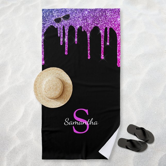 Toalla De Playa Purpurina azul morado rosado gotea nombre de monog (Pink Purple Blue Glitter Drips Black Monogram Name Beach Towel)
