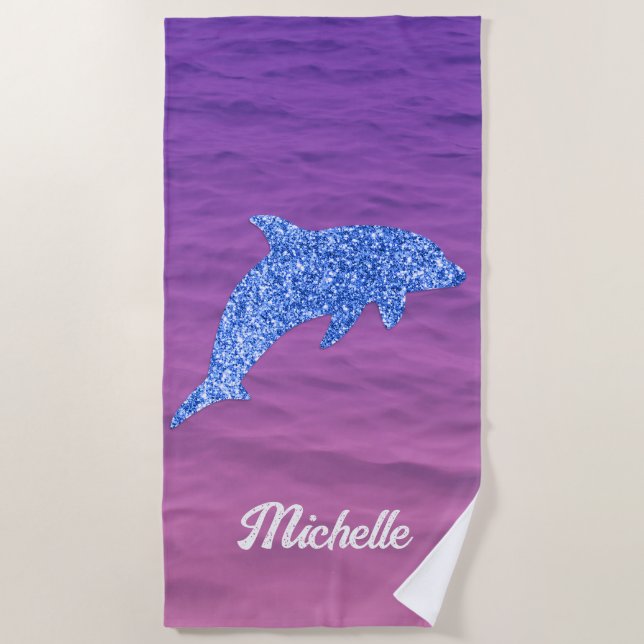 Toalla De Playa Purpurina Azul Personalizado Delfín Rosa Y Púrpura (Anverso)