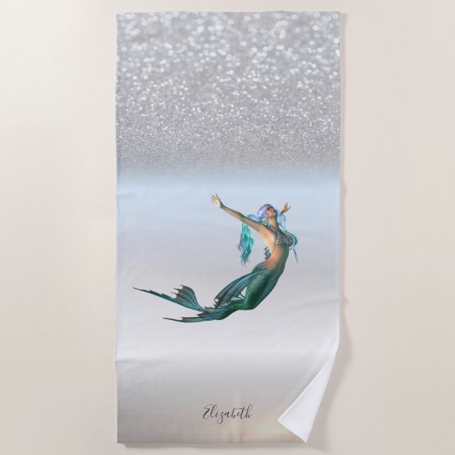 Toalla De Playa Purpurina Bokeh Mermaid, una sirena de plata dulce (Anverso)