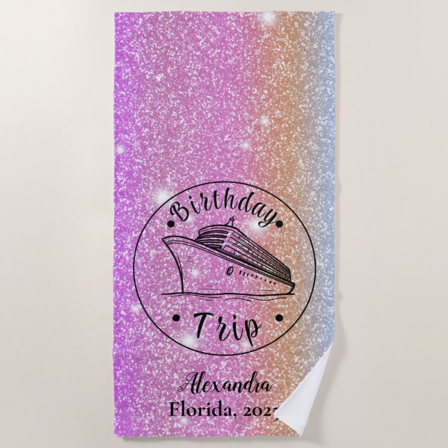 Toalla De Playa Purpurina personalizado en crucero de cumpleaños (Anverso)