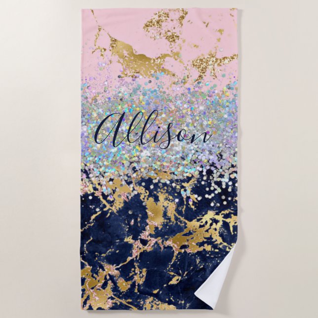 Toalla De Playa Purpurina y mármol personalizado (Anverso)