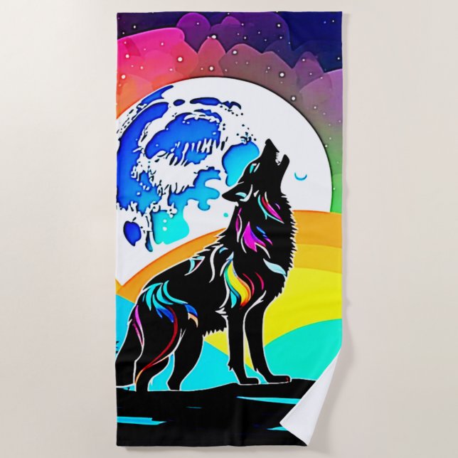 Toalla De Playa Rainbow Lunar Wolf Howf Art (Anverso)