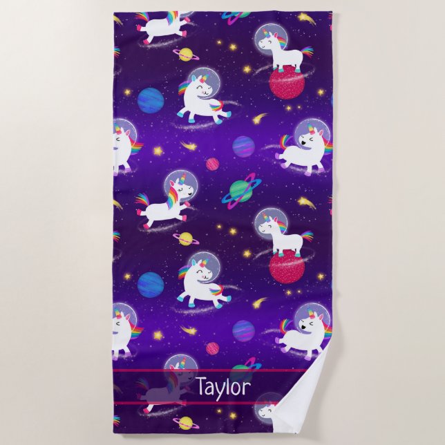 Toalla De Playa Rainbow Unicorns In Space Purple Ombre (Anverso)