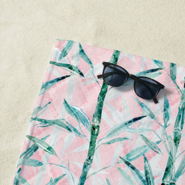 Toalla De Playa Ramas de bambú, blancas, verdes, hojas de bambú (In situ)