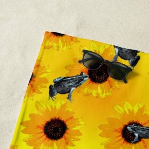 Toalla De Playa "Ranas y girasoles: un patrón lúdico de la natural