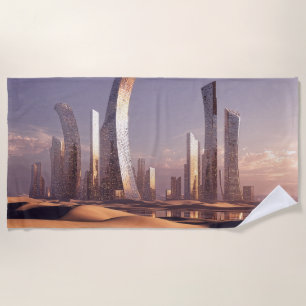 Toalla De Playa Rascacielos Surrealistas Futuristas En Paisaje Des