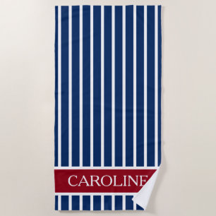 Toalla De Playa Raya blanca y azul roja personalizada