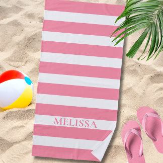 Toalla De Playa  Raya Rosa y Blanca con Nombre Cabana Raya 