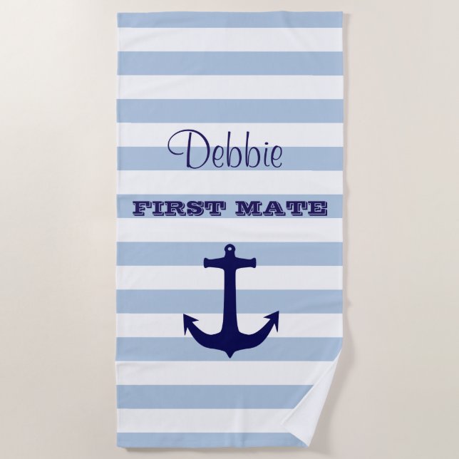 Toalla de playa rayada personalizada First Mate (Anverso)