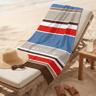 Toalla De Playa Rayas azules náuticas personalizadas marrón oscuro