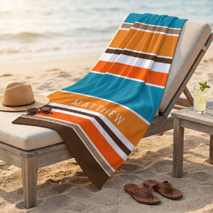 Toalla De Playa Rayas blancas naranja amarillo ocra azul turquesa
