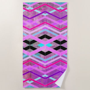 Toalla De Playa Rayas de cruce geométrico morado rosa y Aqua