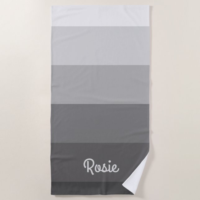 Toalla De Playa Rayas grises gradientes simples con nombre persona (Anverso)