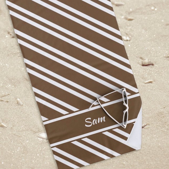 Toalla De Playa Rayas marrones y blancas personalizadas (brown and white striped beach towel to be personalized.)