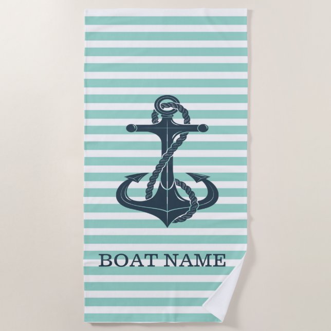 Toalla De Playa Rayas Náuticas, Anchor, Verde Mint (Anverso)