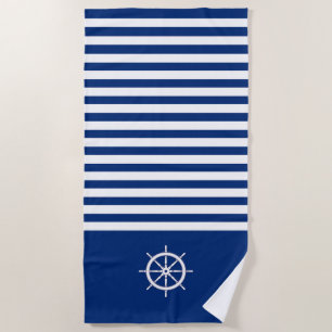 Toalla De Playa Rayas náuticas+Barcos Rueda Azul+Blanco