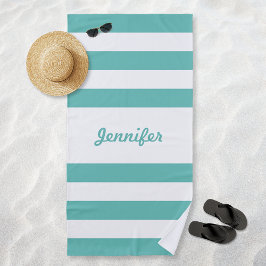 Toalla De Playa Rayas personalizadas de azul turquesa y blanco