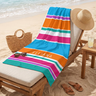 Toalla De Playa Rayas personalizadas de color azul cielo, rosa cal