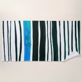 Toalla De Playa Rayas pintadas de color negro, blanco y azul medit