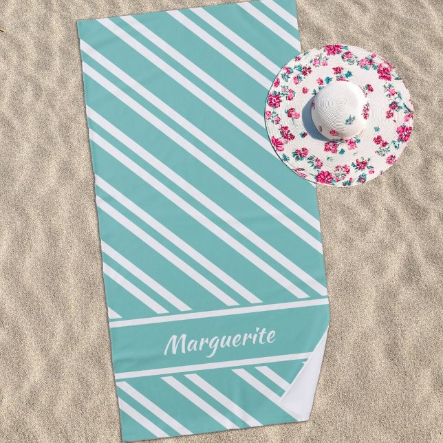 Toalla De Playa Rayas verdes y blancas personalizadas de Aqua (Subido por el creador)