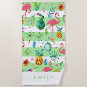 Toalla De Playa Rayas y patrón tropical colorido