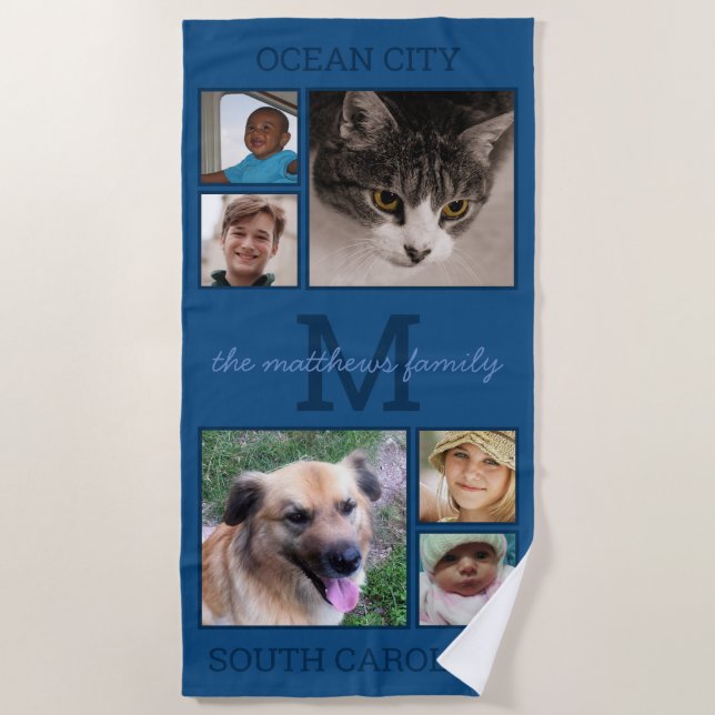 Toalla De Playa Recuerdos Monograma azul clásico 6 Collage de foto (Anverso)