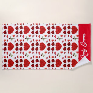 Toalla De Playa Red heart red flowers garden chic floral foliage